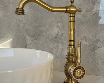 Carved Brass Kitchen Faucet , Antique Style Sink Mixer Tap