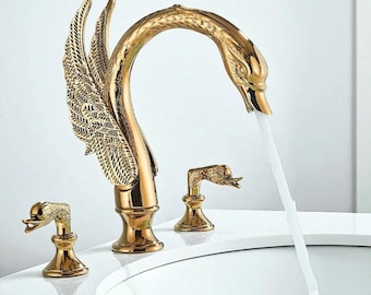 Golden Swan Faucet , Swan Handle Bathroom Basin Mixer Tap