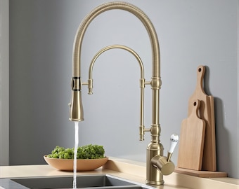 Pull Down Kitchen Fuacet , Brushed Gold Brass Kitchen Sink Tap , Vintage Style Faucet