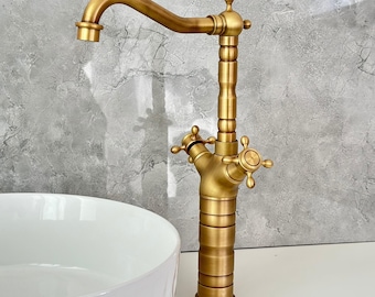 Antique Brass Bathroom Faucet , Tall Vessel Sink Mixer, European Style
