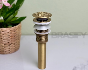 Carved Brass Pop Up Sink Drain , Antique Brass Finish
