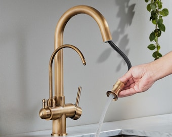 Antique Brass Pull Out Nozzle Kitchen Faucet , Purification Crane 2 Ways Swivel Mixer Tap