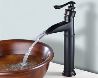 Waterfall Vessel Sink Faucet Black Bronze Bathroom Basin Tap , Modern Tall Mixer Faucet