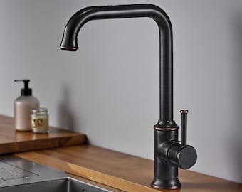 ブラックブロンズキッチン蛇口、ヴィンテージスタイルシングルハンドルシンクミキサータップ