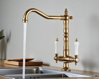 Polished Gold Brass Kitchen Faucet, Vintage Style, Dual Handle Tap