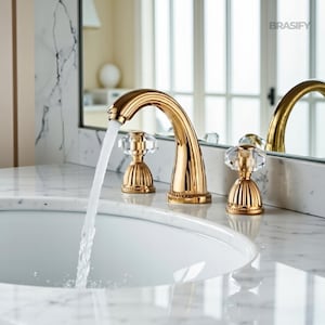 May include: A gold bathroom tap with a curved spout and crystal handles. Water flows into a white sink. The tap is set against a marble countertop and a mirror. The word "BRASIFY" is visible.