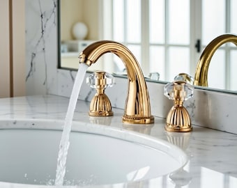 Gold Brass Crystal Handle Bathroom Faucet , 3 Hole Basin Mixer Tap , Gold Vanity Faucet
