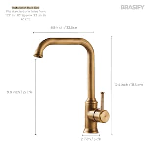 May include: A bronze-colored kitchen faucet with a gooseneck spout. The faucet is 12.4 inches (31.5 cm) tall and 8.8 inches (22.5 cm) wide. The installation hole size fits standard sink holes from 1.25" to 1.85" (approx. 3.2 cm to 4.7 cm).