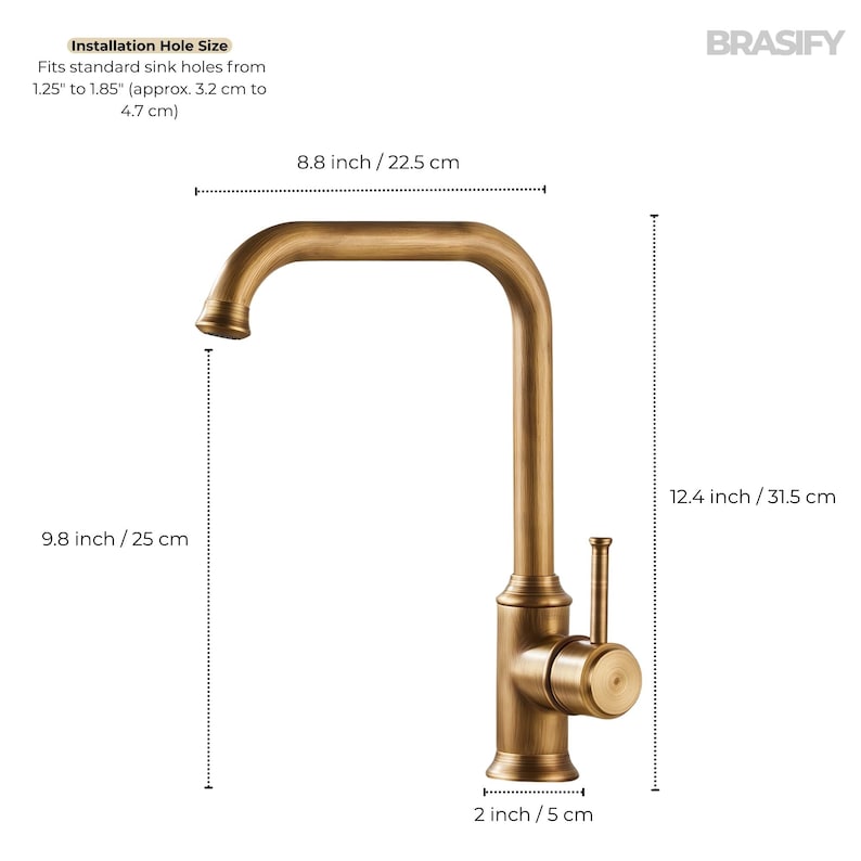 May include: A bronze-colored kitchen faucet with a gooseneck spout. The faucet is 12.4 inches (31.5 cm) tall and 8.8 inches (22.5 cm) wide. The installation hole size fits standard sink holes from 1.25" to 1.85" (approx. 3.2 cm to 4.7 cm).