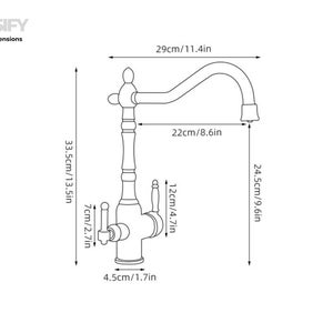 May include: Diagram of a brass faucet with dimensions. The faucet is 13.5 inches tall, 11.4 inches wide, and has a spout reach of 8.6 inches. The text "BRASIFY Faucet Dimensions" is at the top.