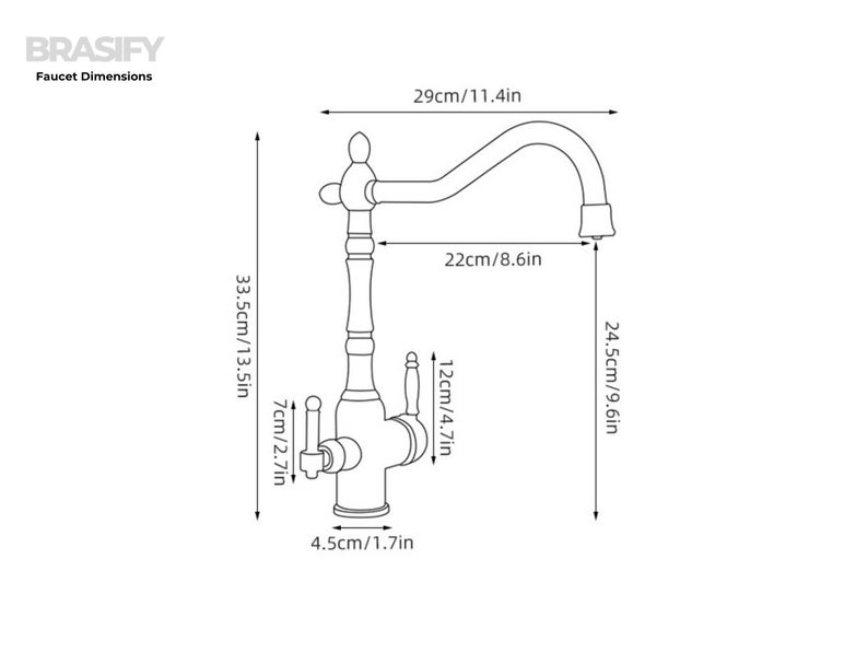 May include: Diagram of a brass faucet with dimensions. The faucet is 13.5 inches tall, 11.4 inches wide, and has a spout reach of 8.6 inches. The text "BRASIFY Faucet Dimensions" is at the top.