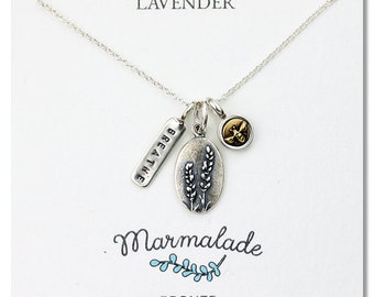 Handmade Lavender Bee "Breathe" Charm Necklace, Botanical Necklace, Wildflower Necklace, Nature Jewelry, Silver Jewelry, Bronze Jewelry