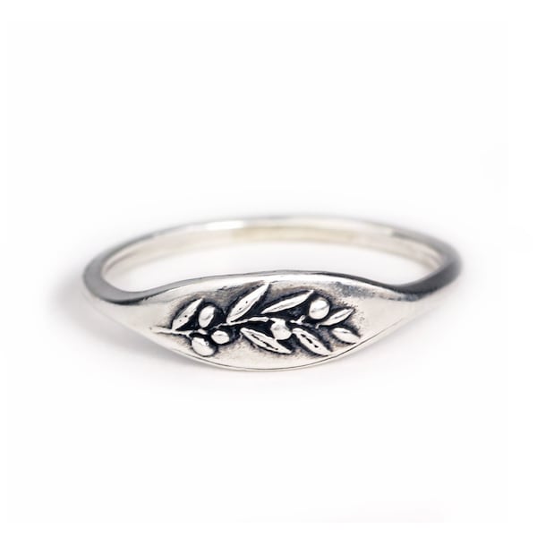 Anillo artesanal de rama de olivo, anillo inspirado en la naturaleza, anillo sello, joyería inspirada en la naturaleza, anillo de plata de ley, joyería de bronce, anillo de oro de 14 quilates
