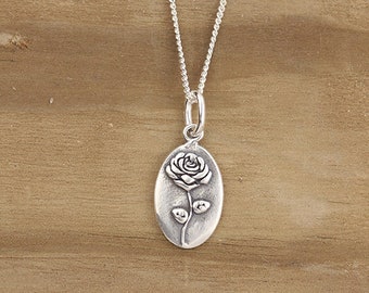 Handmade Rose Necklace, Botanical Necklace, Wildflower Necklace, Nature Jewelry, Silver Jewelry, Bronze Jewelry