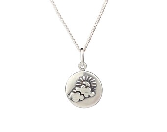 Handgemachte Halskette, Silber Futter Halskette, Sonne und Wolken Halskette, Medaillon Halskette, Silber Schmuck, Bronze Schmuck