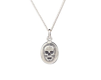 Handmade Skull Necklace, Skull Head Charm, Oval Charm Necklace, Silver Jewelry, Bronze Jewelry