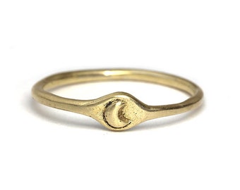 Handmade Small Moon Ring, Moon Signet Ring, Nature Jewelry, Moon Jewelry,  Silver Jewelry, Bronze Jewelry, 14K Gold Ring