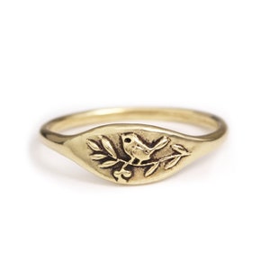 Handmade Bird in Branch Ring, Nature Ring, Signet Ring, Nature Jewelry, Sterling silver ring, Bronze Jewelry, 14K Gold Ring