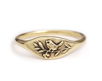 Handmade Bird in Branch Ring, Nature Ring, Signet Ring, Nature Jewelry, Sterling silver ring, Bronze Jewelry, 14K Gold Ring