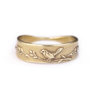Handmade Bird in a Branch Wide Band Ring : Solid Sterling Silver, Bronze, 14K Gold Ring