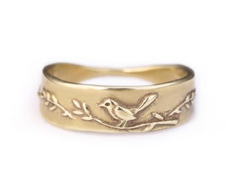 Handmade Bird in a Branch Wide Band Ring : Solid Sterling Silver, Bronze, 14K Gold Ring