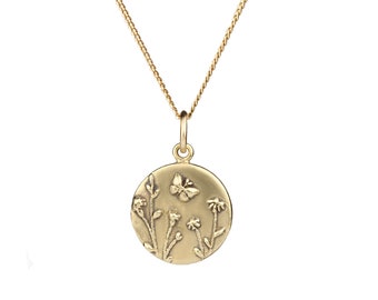 Handmade Wildflower Garden Necklace, Butterfly and Flowers Necklace, Floral Necklace, Medallion Necklace, Silver Jewelry, Bronze Jewelry