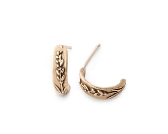 Handmade Lavender Huggies, Botanical Earrings : Sterling Silver & Bronze