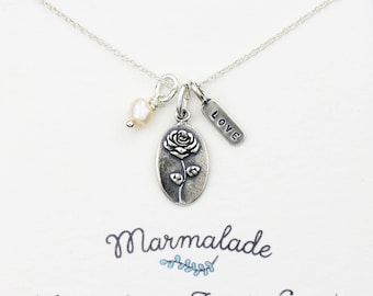 Handmade Rose "Love" Charm Necklace, Botanical Necklace, Wildflower Necklace, Nature Jewelry, Silver Jewelry