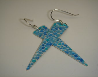 Water Blue Enameled Fine Silver Drop Earrings