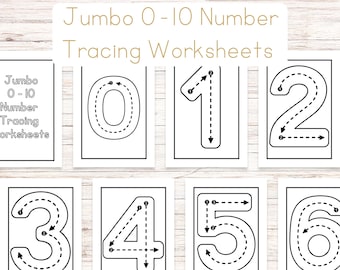 May include: Black and white number tracing worksheets featuring the numbers 0 through 6. Each worksheet has a large number with dotted lines for tracing, and arrows indicating the direction of the strokes. The text "Jumbo 0-10 Number Tracing Worksheets" is at the top.