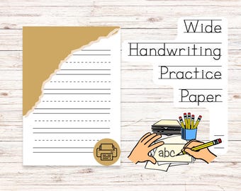 May include: Printable wide-ruled handwriting practice paper with a printer icon and a stack of paper with pencils and a hand writing abc on a sheet of paper.