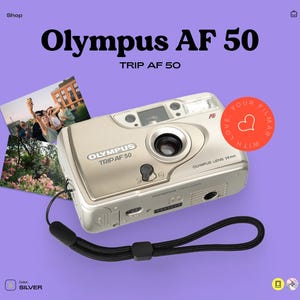 Olympus af-50 35mm film camera – vintage point & shoot silver camera with autofocus, flash, tested and working