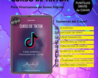 May include: A digital book cover with a pink and purple background. The cover features a white rectangle with the text "CURSO DE TIKTOK" in a blue font. The text "Para Virarizarnos de forma Rápida" is below the title. The cover also features a TikTok logo and the text "Cómo podemos Virarizarnos en Tik Tok". The text "Algandia D" is at the bottom of the cover. The cover also includes the text "BEST SELLER" and "AUDIOLIBRO".