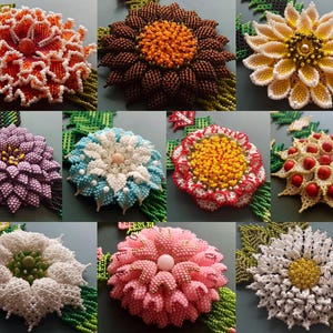 以下が含まれることがあります： さまざまな色とスタイルのビーズでできた花の形をしたブローチが9つあります。花は小さなビーズで作られており、3D効果があります。ブローチは、どんな服装にもエレガントさを加えるのに最適です。