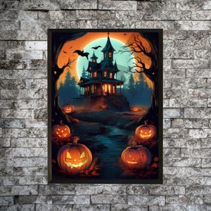 Halloween Entry Art Printable Pumpkin Wall Art, Halloween Vintage Print, Haunted House Wall Art, Haunted Mansion and Glowing Pumpkins