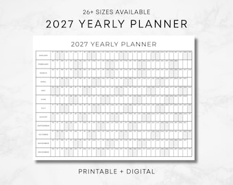 May include: A 2027 yearly planner wall calendar featuring a grid layout with months listed vertically and days horizontally. The text 26+ SIZES AVAILABLE, 2027 YEARLY PLANNER, and PRINTABLE + DIGITAL is displayed in black sans-serif font on a white background.