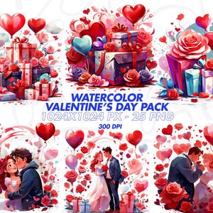 Aquarel Valentijnsdag clipart, 25 png feestelijke romantische clipart, Valentijnsdag clipart, harten png, liefde clipart, commercieel gebruik