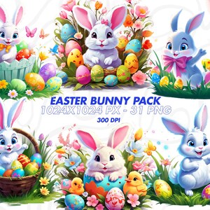 Osterhase Clipart Bundle, Hase Clipart, Kaninchen Clipart, Ostereier PNG Grafiken, Ostern Sublimation. Ostergrafiken, Kommerzielle Nutzung