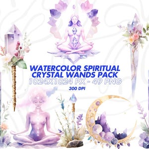 Pack de baguettes de cristal spirituel aquarelle, ensemble de cliparts spiritualité, symboles sacrés mystiques Illustrations illustrations, fée PNG, baguette magique