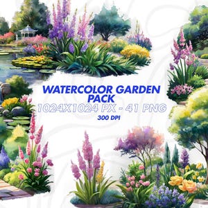 Aquarell Garten Clipart, Monet Garten, Sommergrafik, Hochzeit Clipart, Pflanzen png, digitale Aufkleber, Einladung, Download