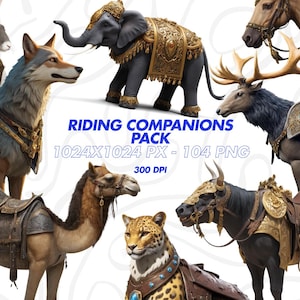Pacote de clipart de 104 companheiros de montaria de fantasia - DOWNLOAD INSTANTÂNEO, fundo transparente PNG, uso pessoal e comercial.