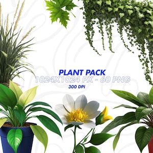 Lot de 60 plantes clipart - PNG de verdure vibrante, impressions botaniques inspirées de la nature pour sublimation et travaux manuels, téléchargement immédiat