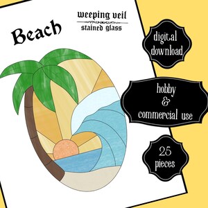 Puede incluir: Un diseño de patrón de vidrieras que presenta una escena de playa con una palmera, olas y un sol poniente. La palabra "Beach" está en la parte superior izquierda. Incluye texto que dice "descarga digital", "uso de hobby y comercial" y "25 piezas".