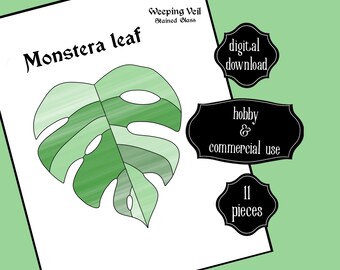 Modèle de vitrail feuille de Monstera - téléchargement numérique