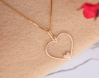 Solid Gold Double Heart Pendant | Dainty Minimalist | Gift for Her