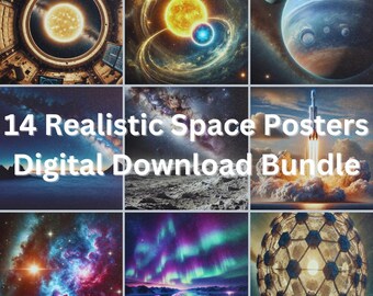 Bundel med 14 realistiska digitala rymdposters – Kosmisk väggkonst | Futuristiska sci-fi-tryck med stjärnor, planeter och rymdstationsvyer