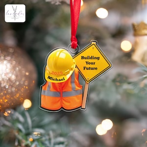 Personalized Construction Worker Ornament: Safety Vest, Hard Hat Xmas Gift