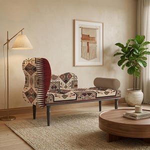 Unik hemgåva, bohemisk chic bänk, trä loveseat, aztekiskt mönster, hjärtformad fotpall, justerbar sits, vadderad sits