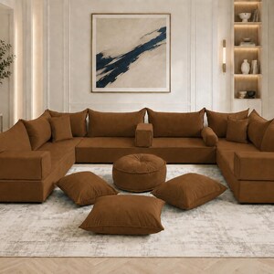 U Shape Floor Couch, Velvet Modular Seating Set, Large Bohemian Floor Sofa, Velvet Floor Cushions, Foam Couch Set