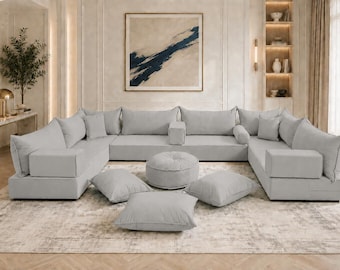 Velvet Floor Sofa with Ottoman, Modular Seating Set, Bohemian Pouf Cushion, Cozy Lounge Couch, Washable Floor Pad